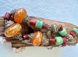 Ethno-Collier Tibet Stil Bernstein-, Koralle & Türkisoptik