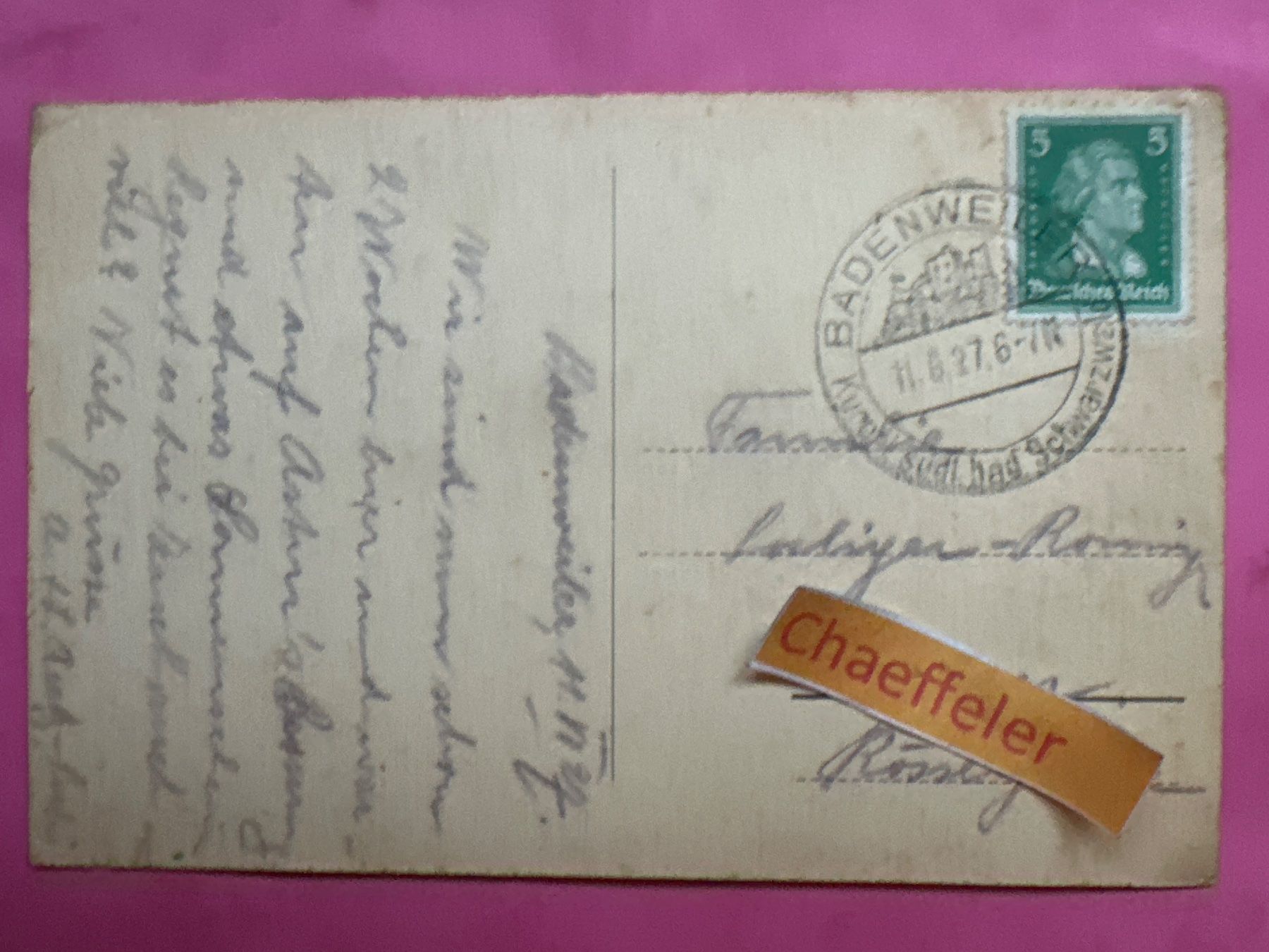 Ansichtskarten: 1927 Badenweiler – Gebraucht aus Zürich von Chaeffeler 1