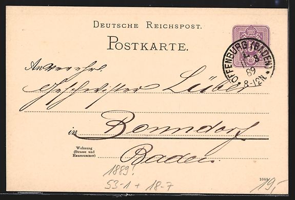 Cancelleria postale: Vorläufer-AK Offenburg, 1889, Hutmanufa – Usato da Berlin venduto da bartko-reher 1