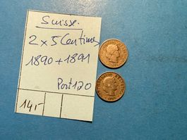 SUISSE : 2 x 5 CENTIMES 1890 + 1891