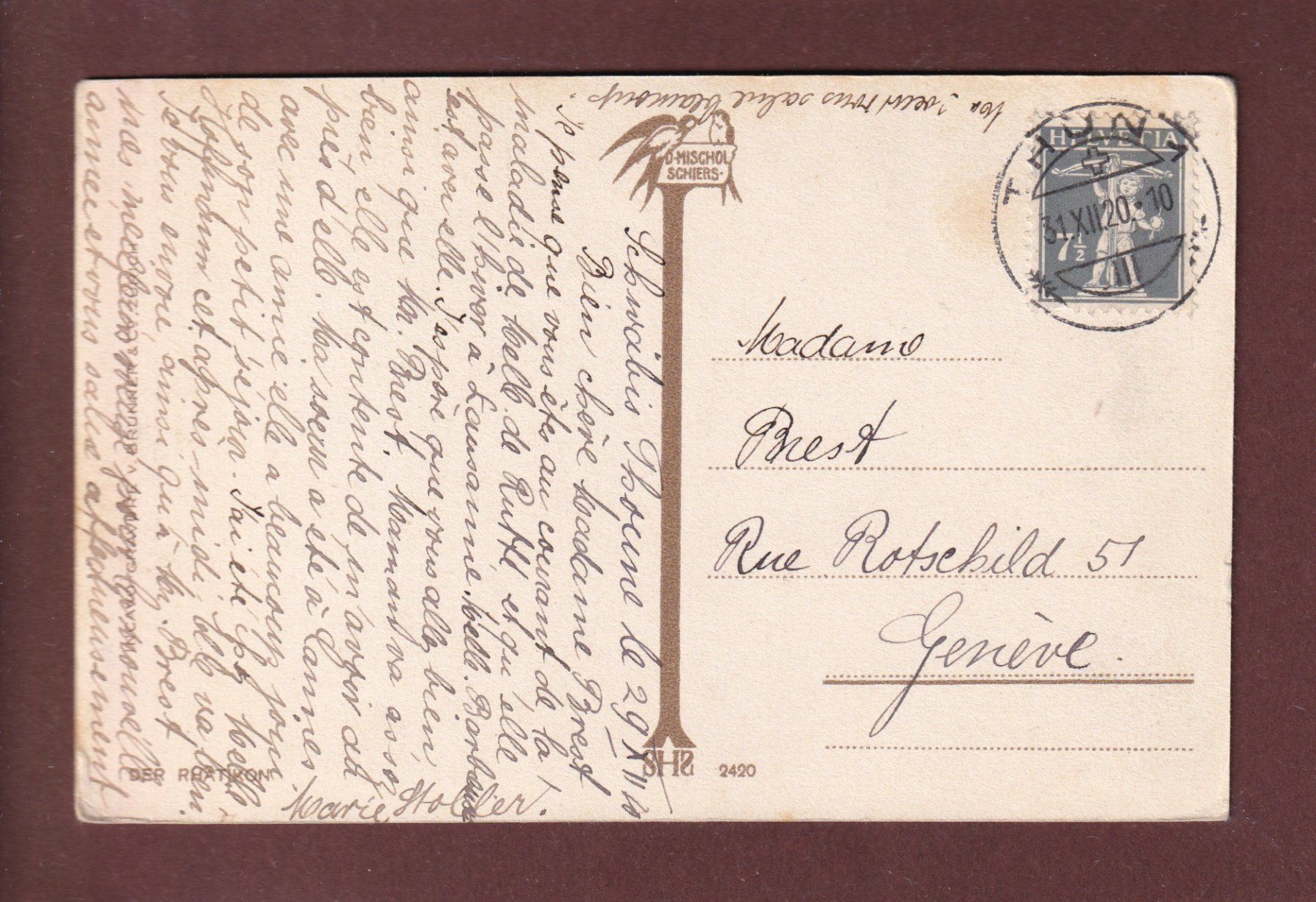 Cartoline postali: RÄTHIKON - 1920 – Usato da Pully venduto da nicecards 1