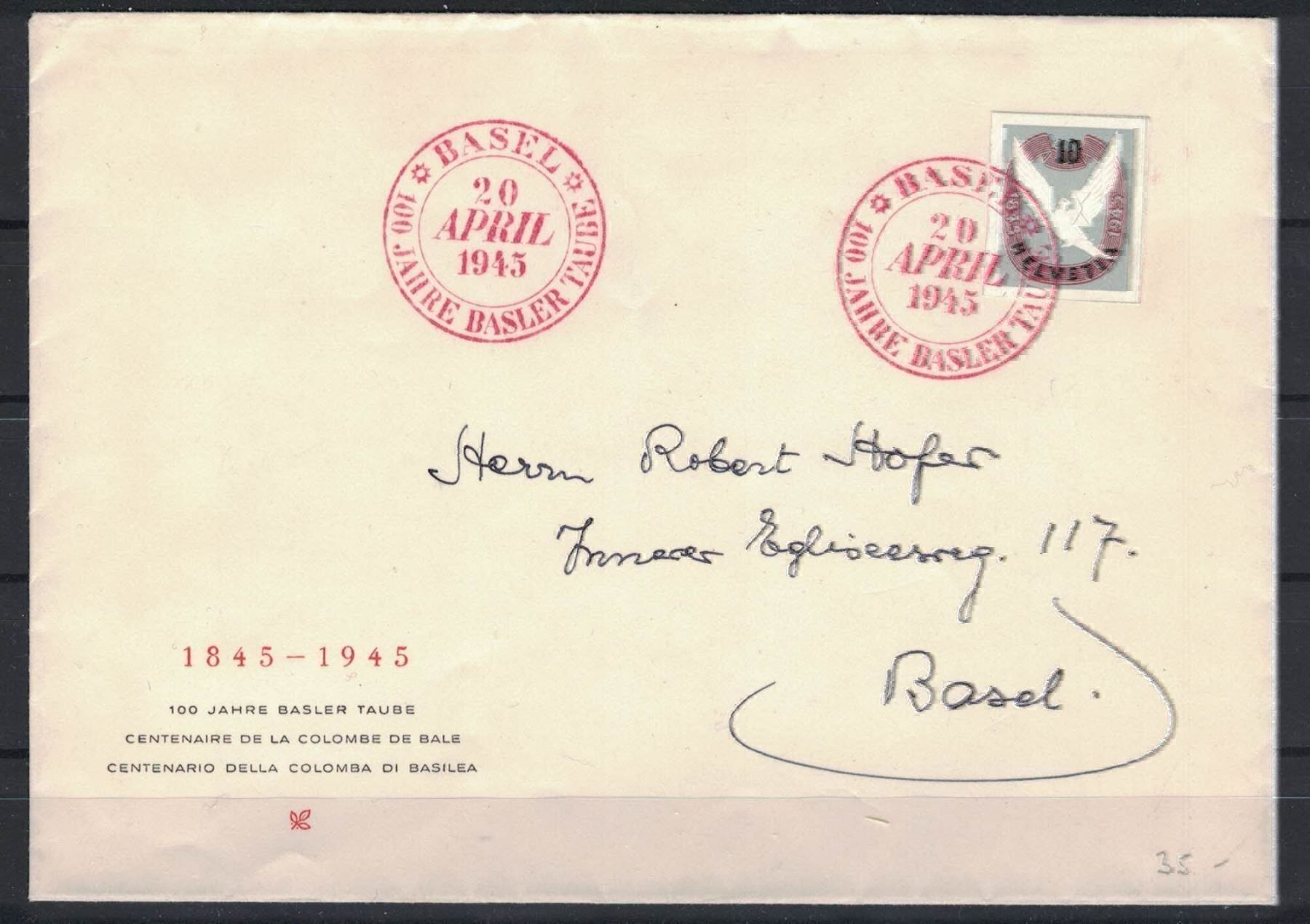 Buste & buste per spedizione: 1945-Jub. 100 Jahre Basler Taube – Nuovo e nell'imballaggio originale da Birsfelden venduto da jas54