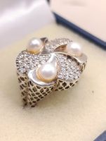 Vintage 925er Silber Ring mit Natur Perlen, Zirkonia Top