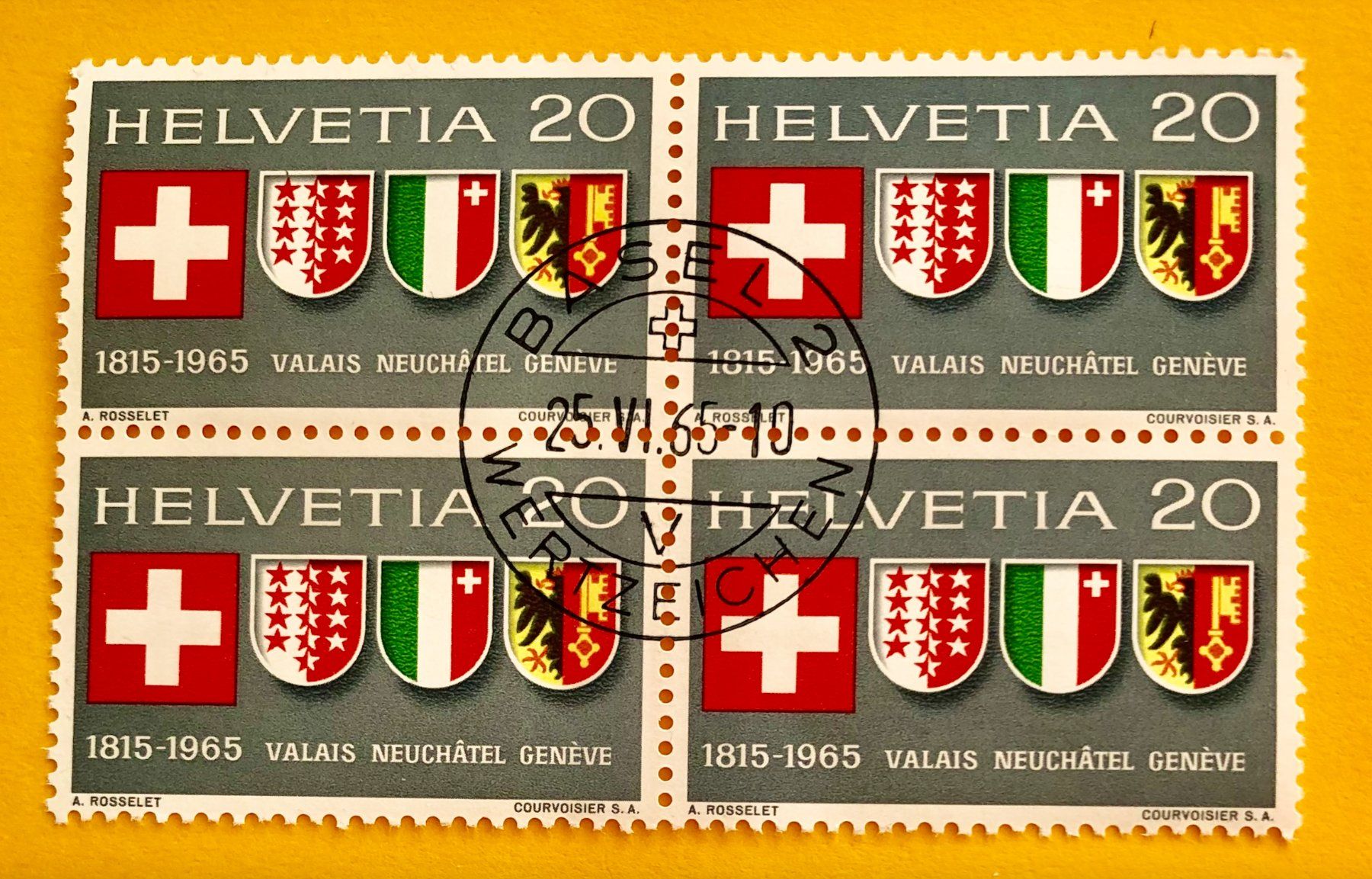 Tutti i francobolli:  Viererblock Nr.432 Stempelt Basel 1965    – Usato da Aarau venduto da Billa007