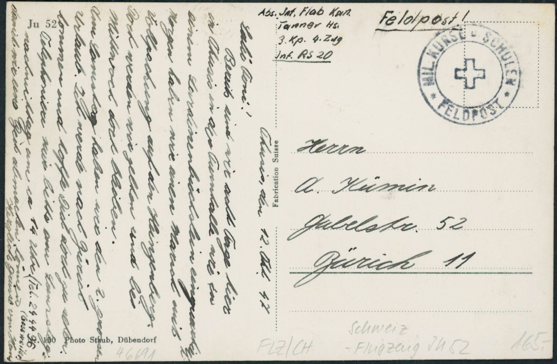 Ansichtskarten: CH Schweiz - Flugzeug JU52 - Militärstempel – Gebraucht aus Schindellegi von stationary 1