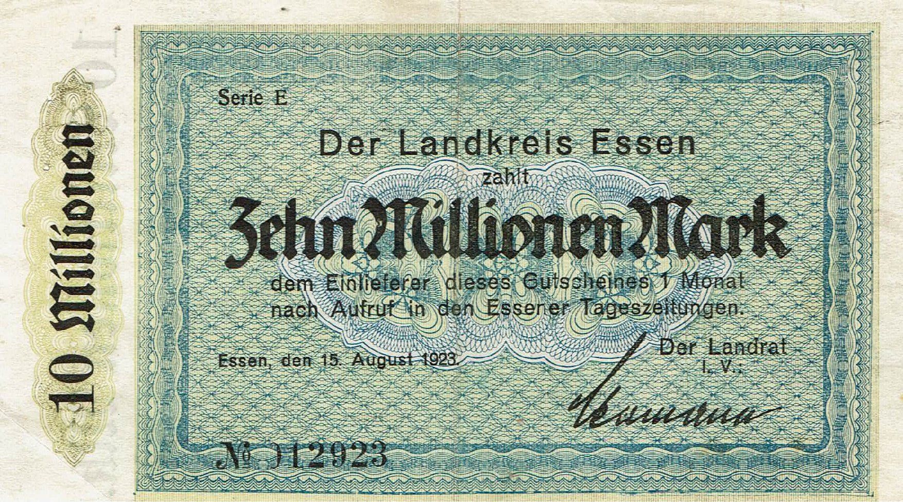 Banconote: Essen 10 Mil.Mark Serie E 15.08.1923 VZ-VZ+ – Usato da Steffisburg venduto da ber_8htf