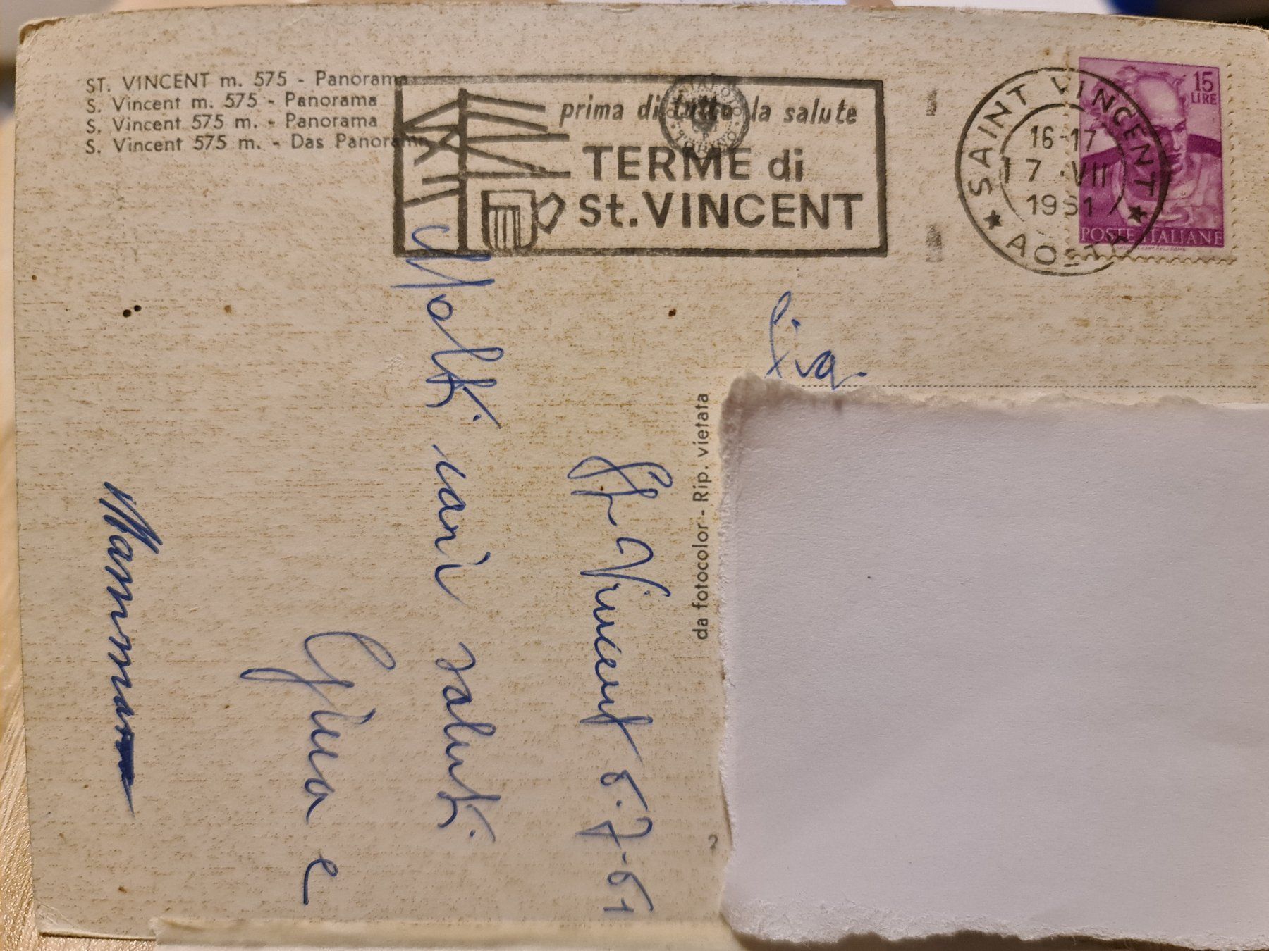 Cartoline postali: Ansichtskarte St. Vincent 1961 – Usato da Dintikon venduto da Vexi 1