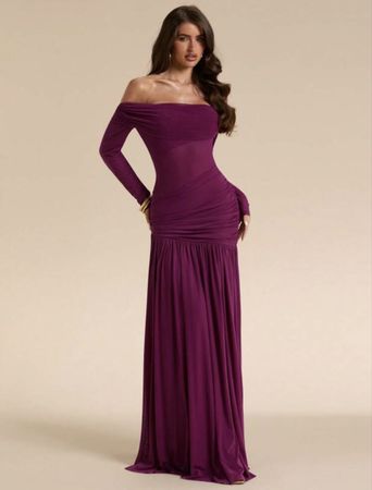 Abendkleid Violett Langarm schulterfrei Grösse S neu