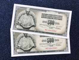 ***UNC 2 x 500 Dinara - Vintage - Belgrad 1978 - Jugoslawien