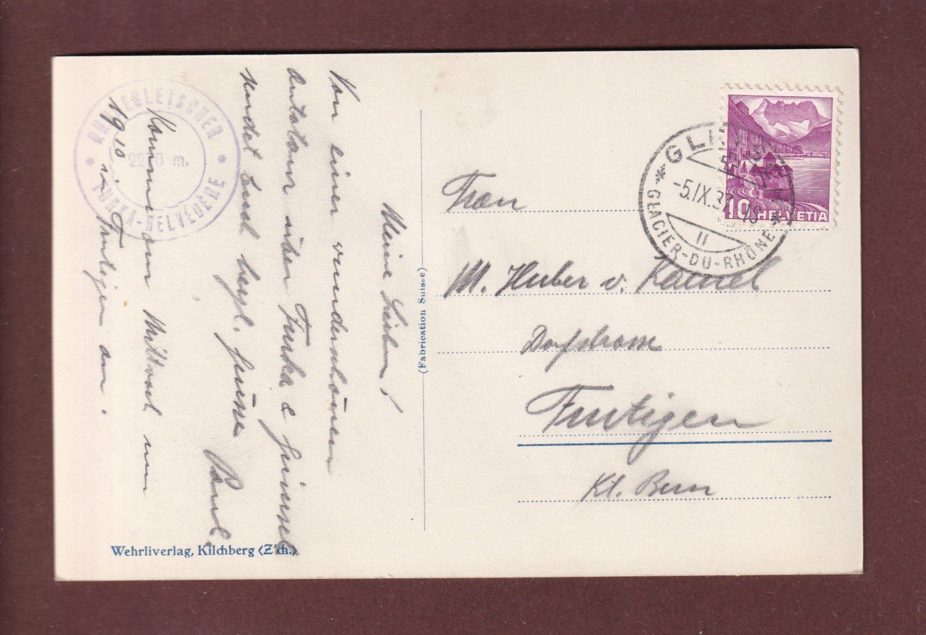 Cartoline postali: GLETSCH - Grimselstrasse - 1937 – Usato da Pully venduto da nicecards 1