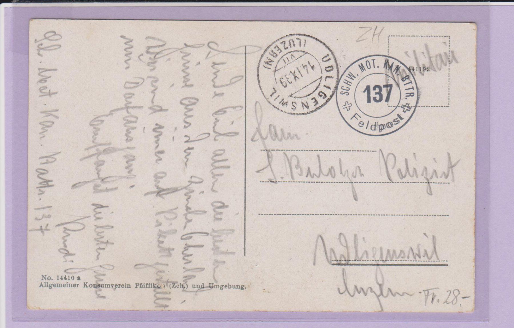 Cartoline postali: Fehraltdorf   :   alte Ansichtskarte von  1939 – Usato da Vitznau venduto da Ropaku 2