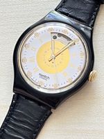 Swatch Automatik Skelett Uhr mit schwarzem Lederarmband