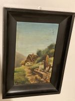 Landschaftsgemälde signiert (eventuell Druck) mit Alphütte