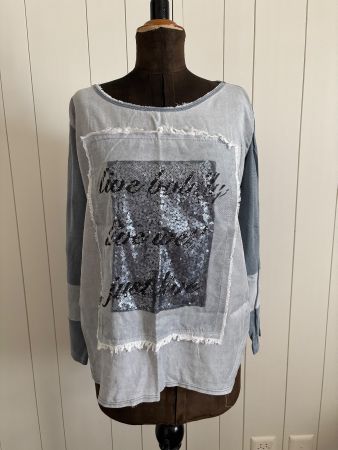 dünnes Langarm Blusen Shirt grau mit Pailletten - ca. M
