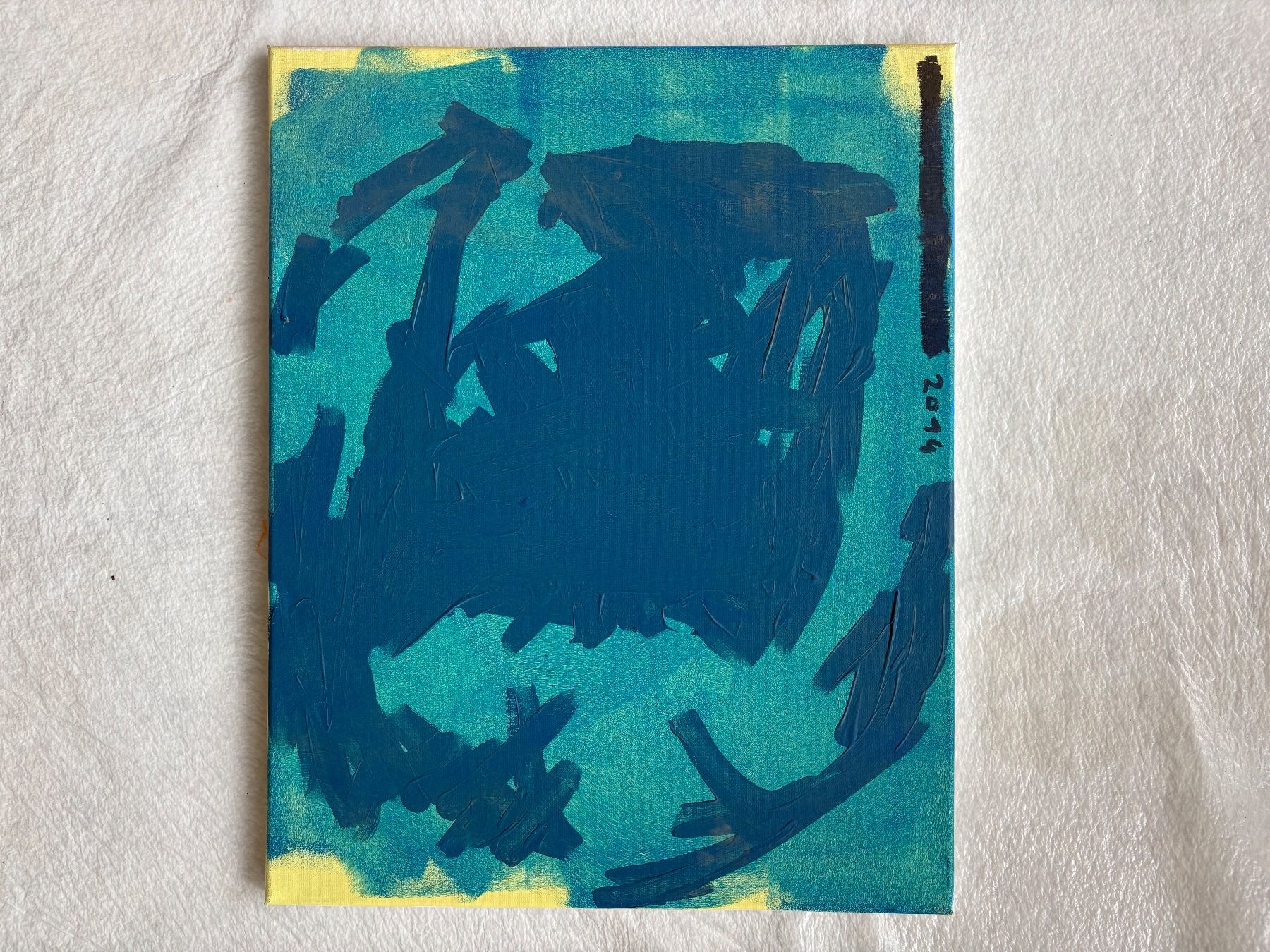 Dipinti: Tableau abstrait unique, tons bleus et jaunes, 2014 – Usato da peseux venduto da renaudloda