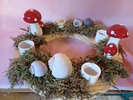 Neu: Herbstdeko Holzkranz mit Pilzen und Moos, Kerzenständer