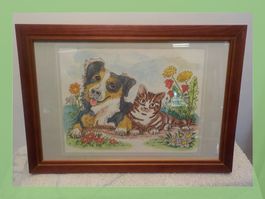 Bild Hund und Katze im Holzrahmen guter Zustand