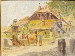 Gemälde Bauernhaus mit Pferd und Mann signiert