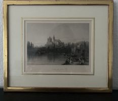 Antiker Stich, Schloss Thun mit Thunersee /Aare