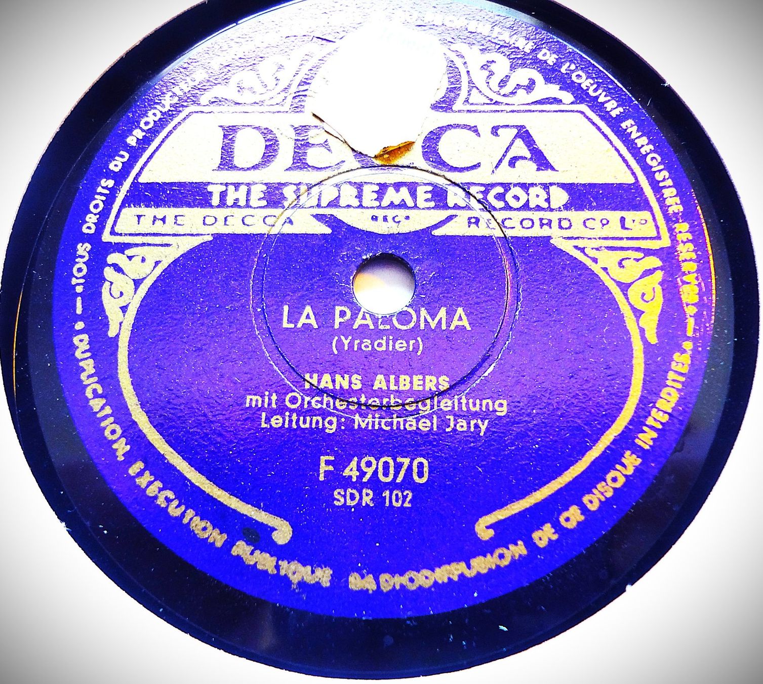 Schallplatten: Hans Albers Schellackplatte, La Paloma – Gebraucht aus Hemishofen von Phonomandy