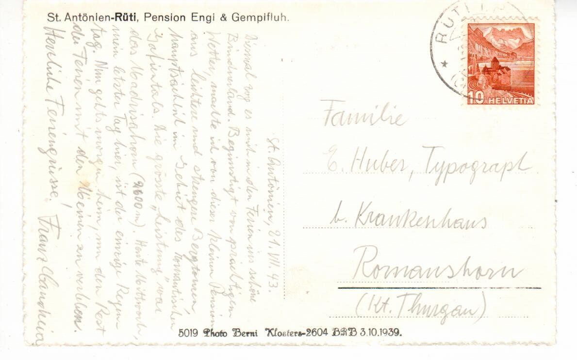 Cartoline postali: St. Antönien - Rüti 1943 – Usato da Wolhusen venduto da Curver9 1