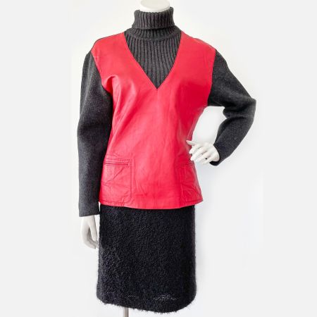Pullover M/L Wolle m. rotem Leder u. Rollkragen VINTAGE 60s