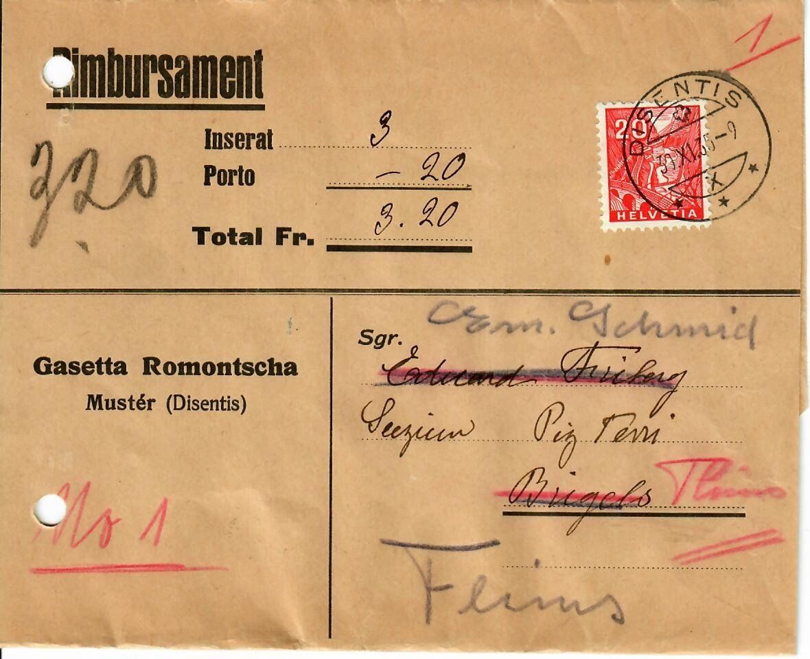 Tutti i francobolli: Brief, Gasetta Romontscha Mustér - Disentis  1935 – Usato da Hochdorf venduto da Ziegel-16