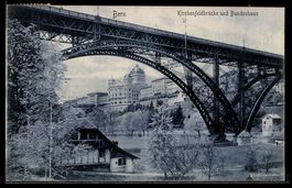 AK Bern, Kirchenfeldbrücke und Bundeshaus mit Grünanlagen