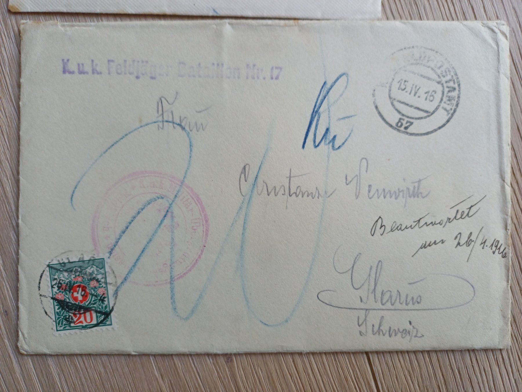 Tutti i francobolli: 1916 Glarus - 2x Feldpostbrief - Feldjäger Batallion Nr.17 – Usato da Beringen venduto da Goeppeli 1
