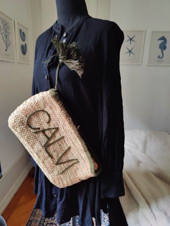 Sook raffia lined clutch purse Calvi Corsica green pompom