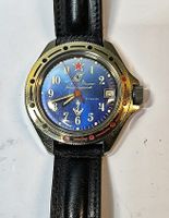 Vostok Komandirskie Armbanduhr blau mit Lederband 40mm