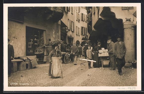 Cartoline postali: Lugano, Via Pessina, Gasse mit Geschäft – Usato da Berlin venduto da bartko-reher