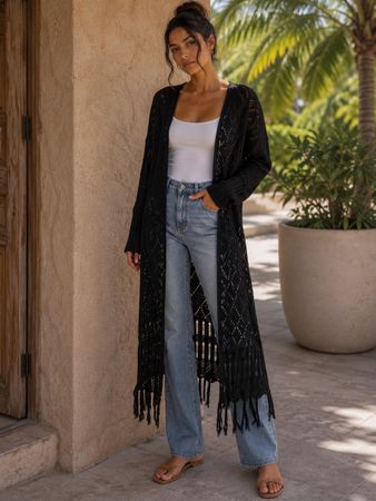 Cardigan long en crochet noir, idéal pour l'été, taille S/M