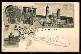 Lithographie Einsiedeln, Kloster, Gnadenkapelle, Marienbrunn