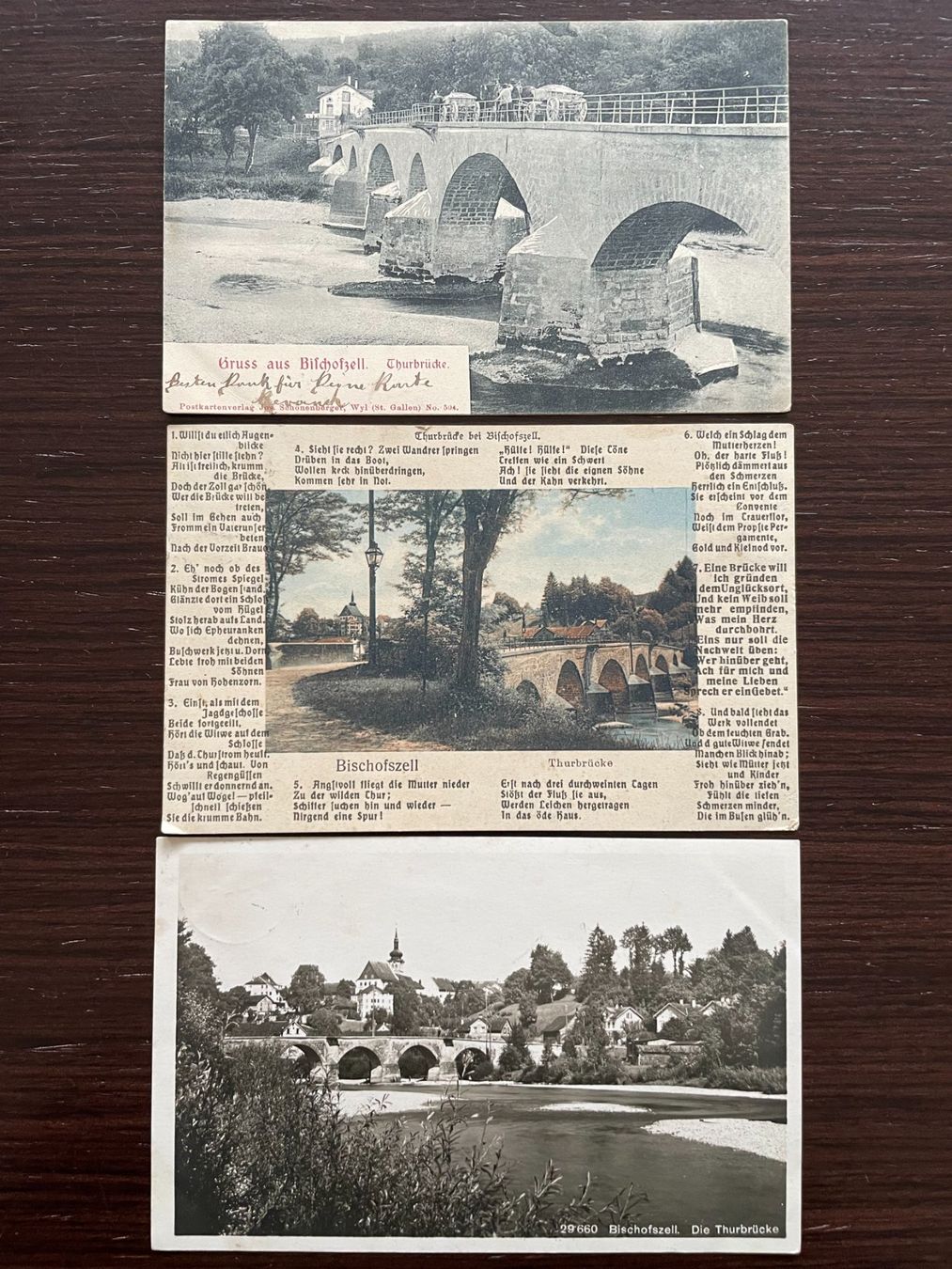 Cartoline postali: BISCHOFSZELL Thurbrücke, 3 Ansichtskarten, HOHENTANNEN – Usato da Wald ZH venduto da TLILEF