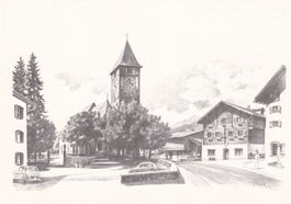 Klosters Ref. Kirche und altes Rathaus Zeichnung : Heini Gut