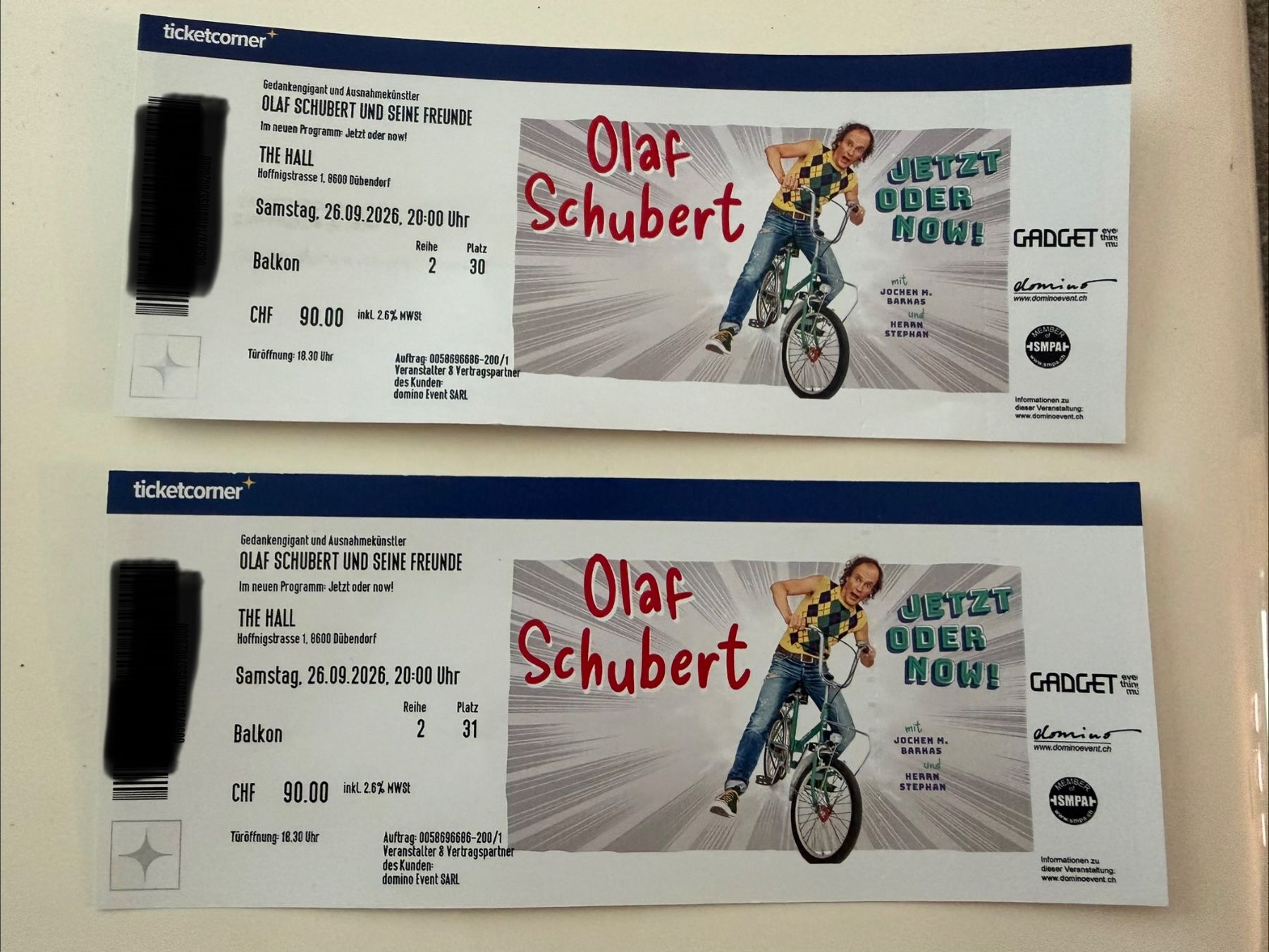 Tickets: Olaf Schubert Ticket live THE HAll Dübendorf 26.9.26 – Neu und originalverpackt aus Domat/Ems von Casafa