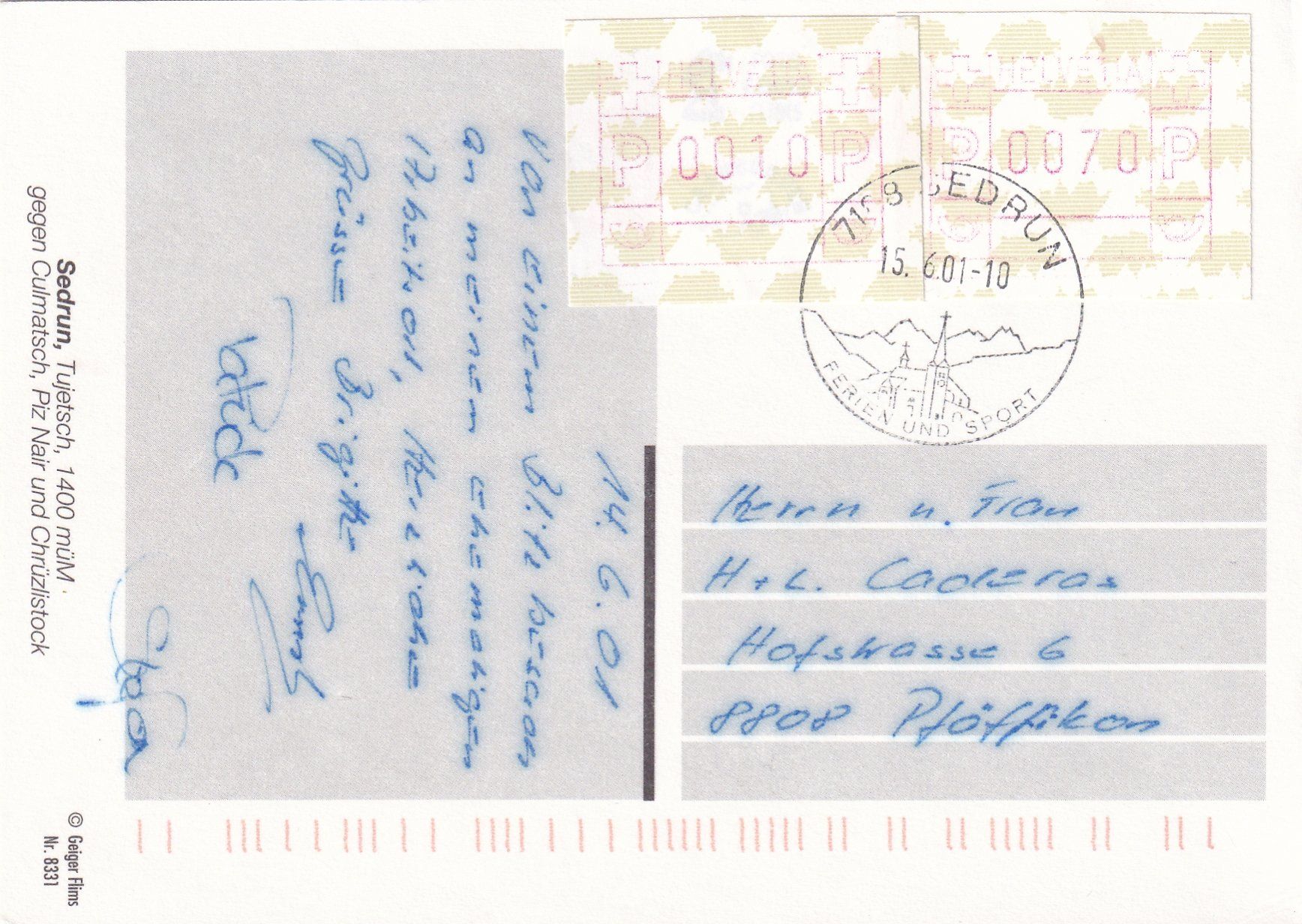 Cartoline postali: Sedrun /ay – Usato da Hombrechtikon venduto da Rudolf07 1
