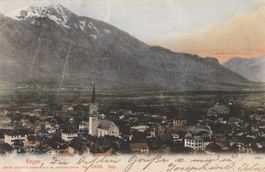 Postkarte Ragaz mit Bergen, Kirche, Ortschaft, Ansicht, alt