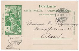 5 Rp. UPU Postkarte von ZÜRICH 18 (WOLLISHOFEN) nach BASEL