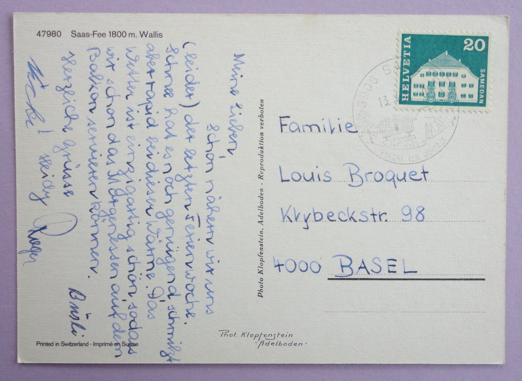 Cartoline postali: Saas-Fee 1800 m, Wallis – Usato da Fétigny venduto da Billy2miny 1