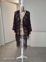 Chic cream black crochet fringed kimono, Size Small