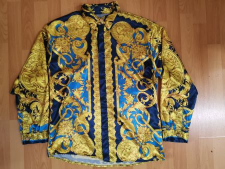 Herren-Hemd 90er Jahre Barock-Narcos-Style Blau/Gold GR. M