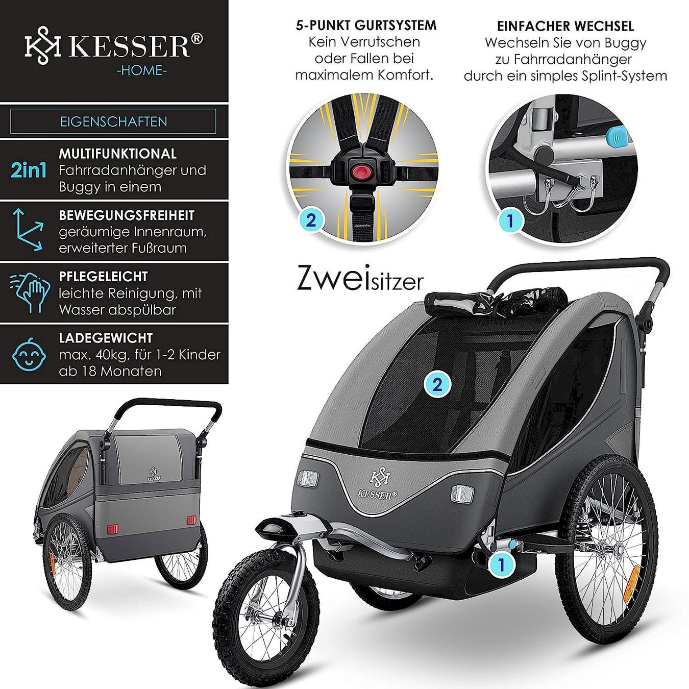 Rimorchi: Kesser Kinderanhänger 2in1 grau – Nuovo e nell'imballaggio originale da Bottighofen venduto da zaap 1