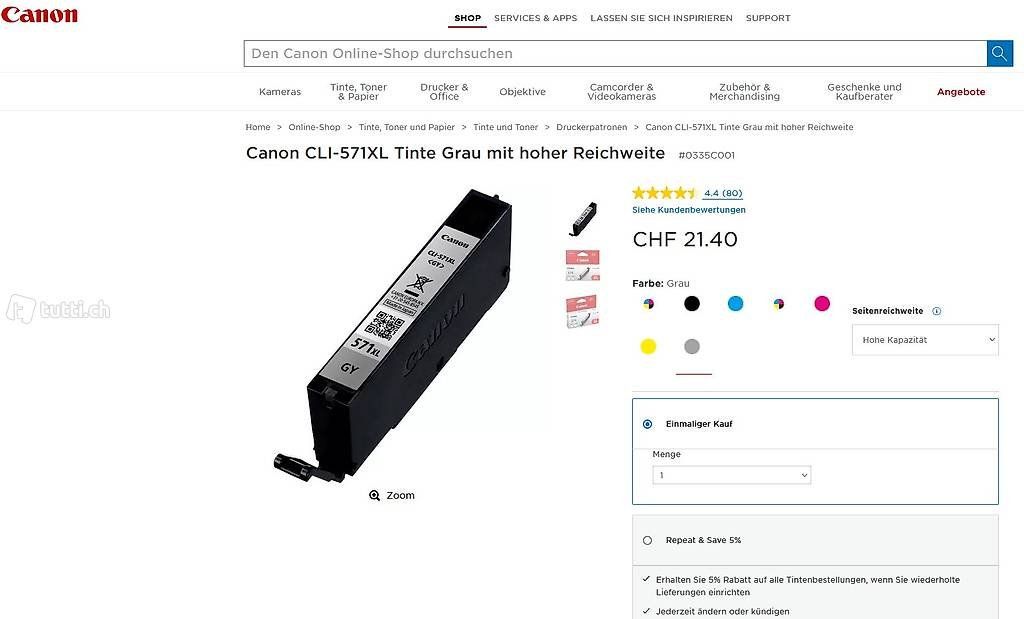 Canon Cartucce per stampanti & toner: PGI-570XLBK+CLI-571BK+CLI-571C+CLI-571M+CLI-571Y+CLI-571GYXL – Nuovo e nell'imballaggio originale da Glattbrugg venduto da copytron 2