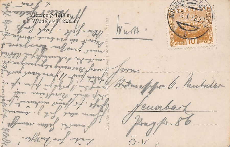 Cartoline postali: Mittelberg mit Widderstein, gelaufen 1932 – Usato da Frauenfeld venduto da POML 1