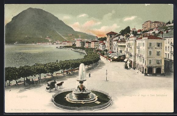 Cartoline postali: Lugano, Promenade mit Hotel Walter, Brun – Usato da Berlin venduto da bartko-reher