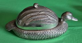 Dekorative Enten-Schale mit Deckel – vermutlich versilbert