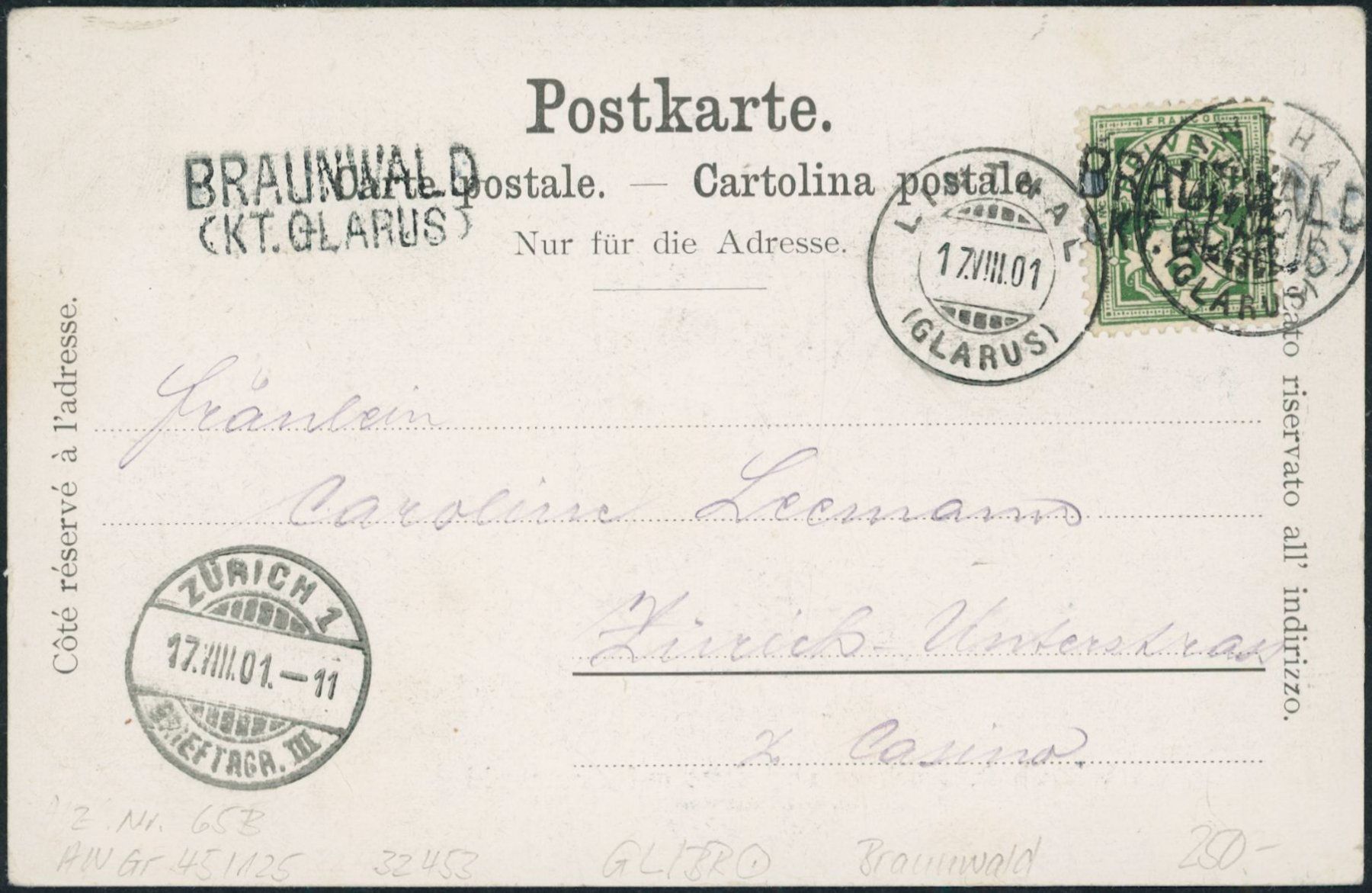 Tutti i francobolli: GL Braunwald - Stabstempel - Linthal - Karte - Post – Usato da Schindellegi venduto da leecollect
