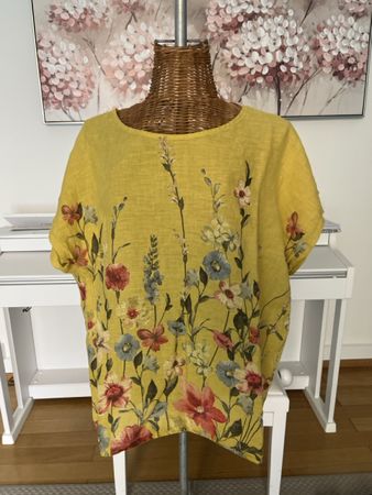 Leinen-Shirt Gelb mit Blumen, 44/46